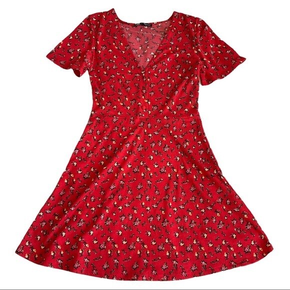 Zara Red Floral Print Skater Dress S 1971305022 Spring Summer Casual Cool - Picture 2 of 7